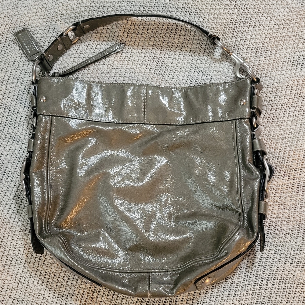 Coach Hobo Shoulder Bag Metallic Gunmetal Pewter Green, Marks/Blemishes, Zoe